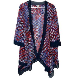 Maggie Barnes Catherines Sheer Geometric Open Kimono Cardigan 1X Blue Red Artsy